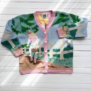 vtg‎ Storybook Knits embroidered pink girl bicycle cat cardigan sweater